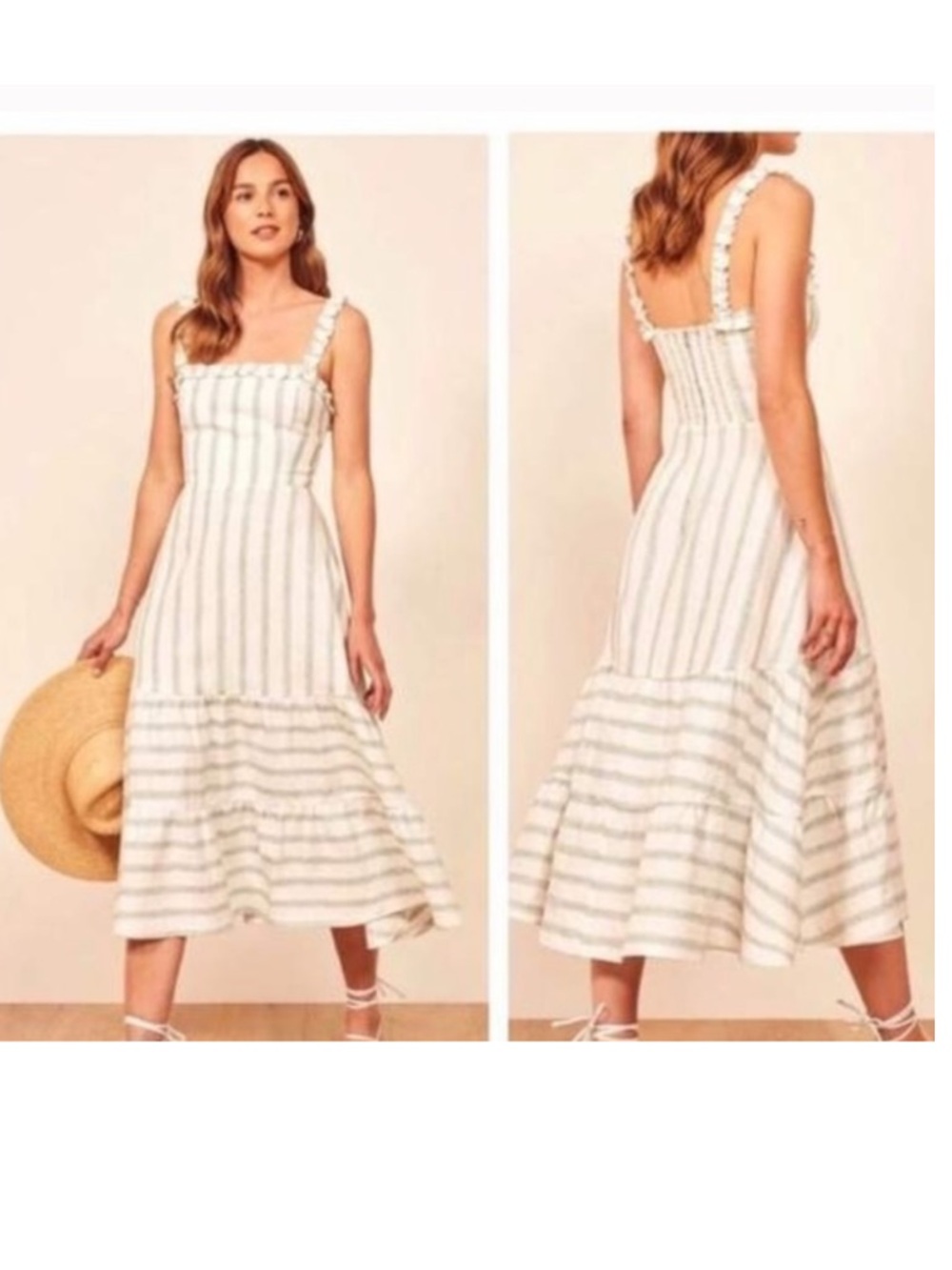 NWT Reformation Hyla Striped 100% Linen Square Neck Tiered Midi Dress White 2